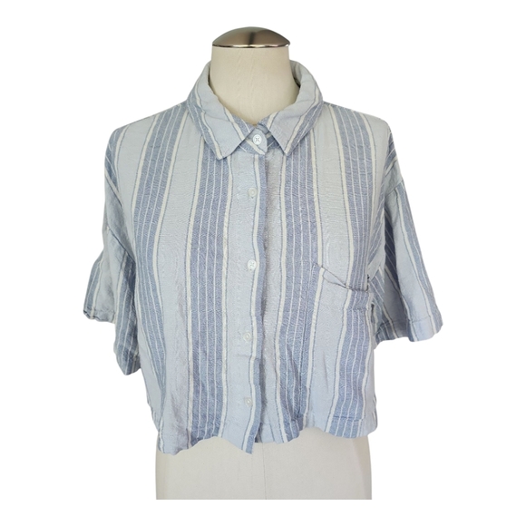 Kendall + Kylie Linen-Blend Striped Cropped Shirt M Linen Rayon - Picture 1 of 9